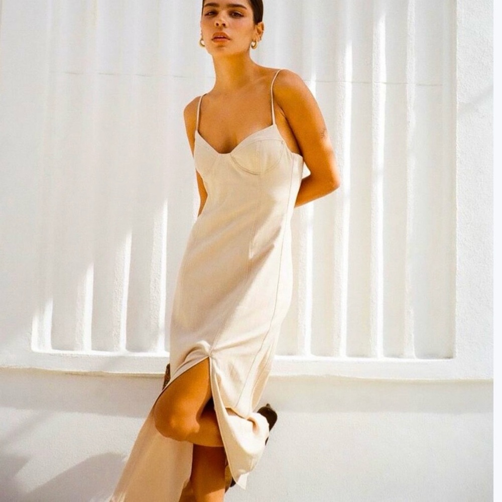 Zara Beige Linen Midi Dress Sz Medium Vacation Resort Spring Summer